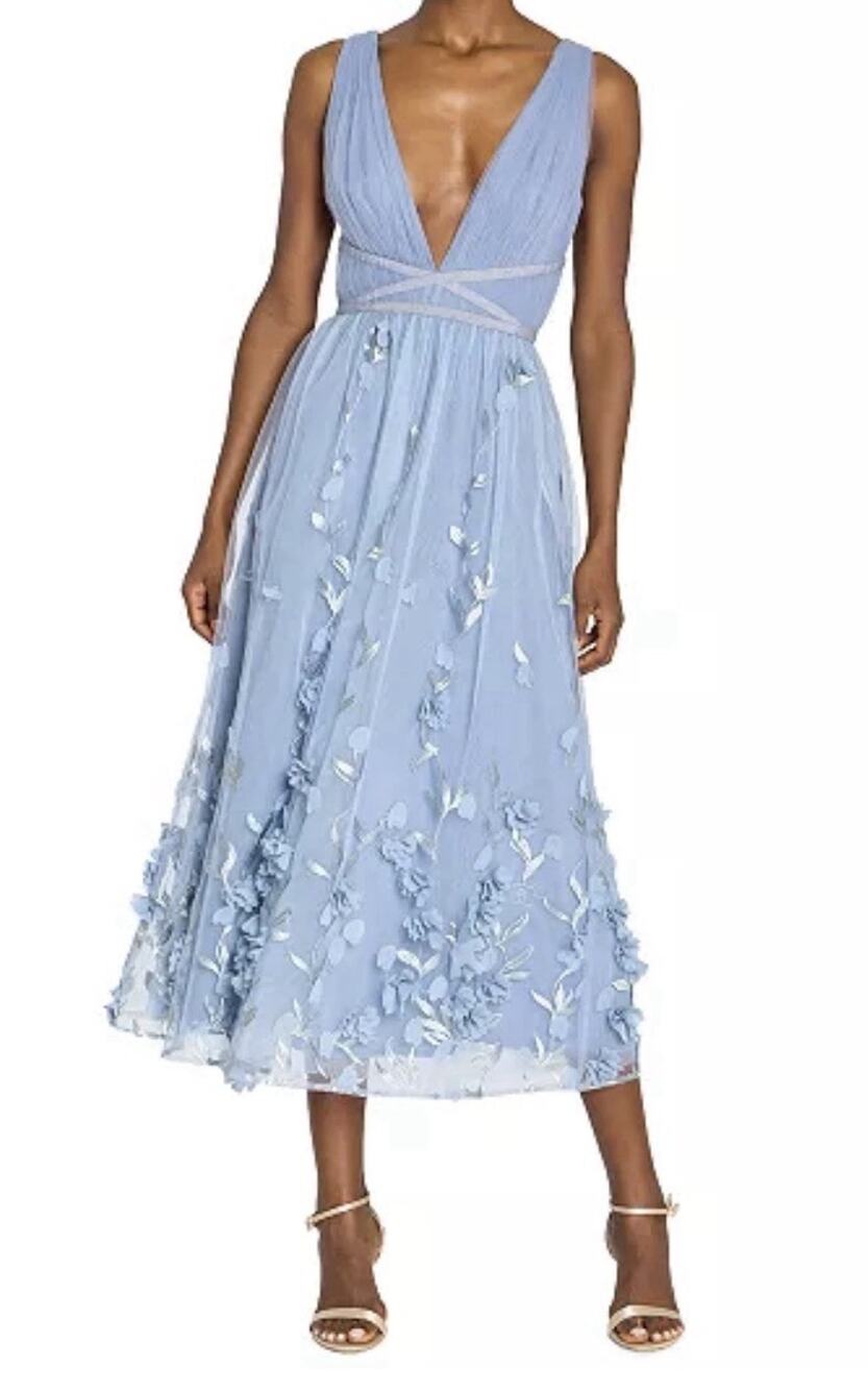 NWT Marchesa Notte New Floral 3D Dusty Blue V Neck Midi Dress Size 2